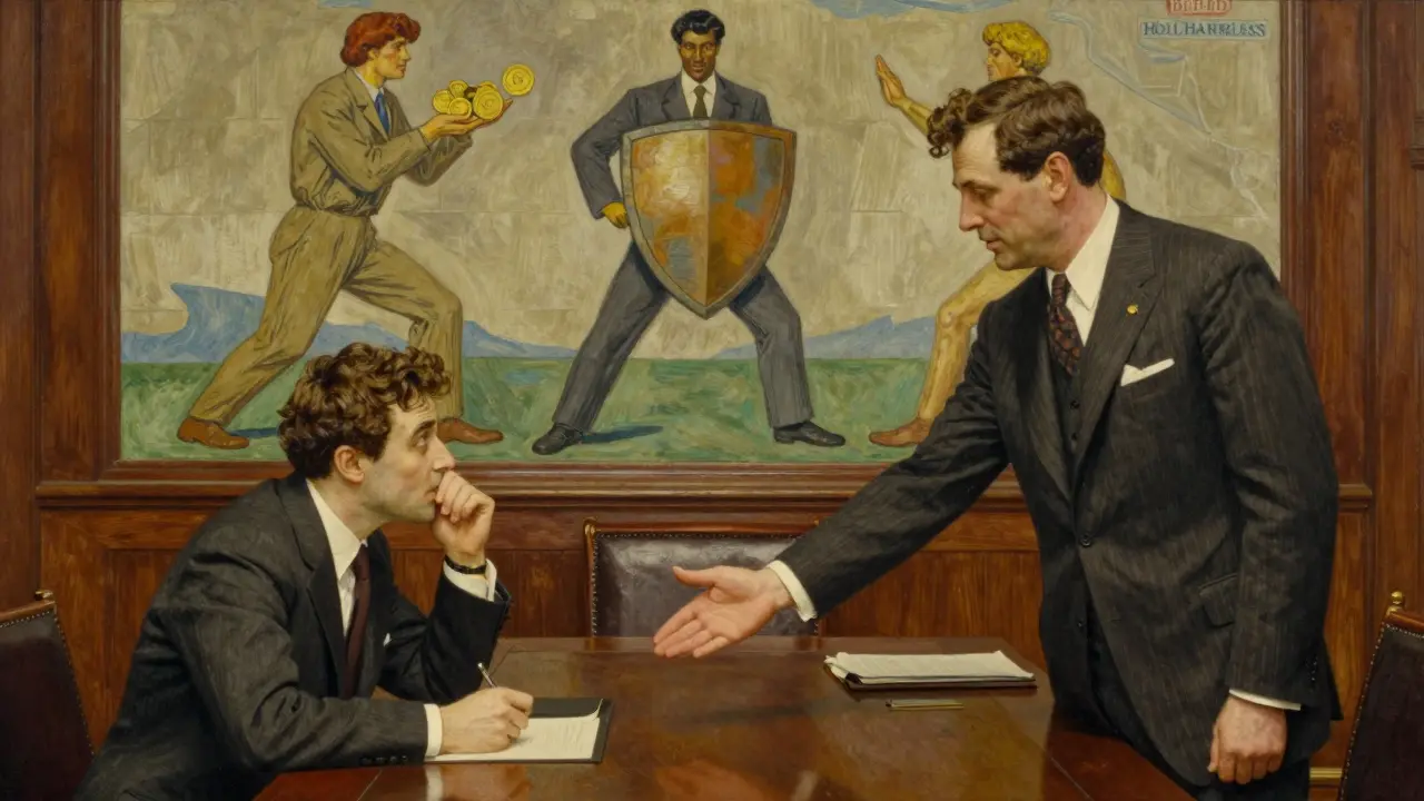 Buyer and vendor negotiate in a grand boardroom, with symbolic figures of indemnification depicted on a mural.