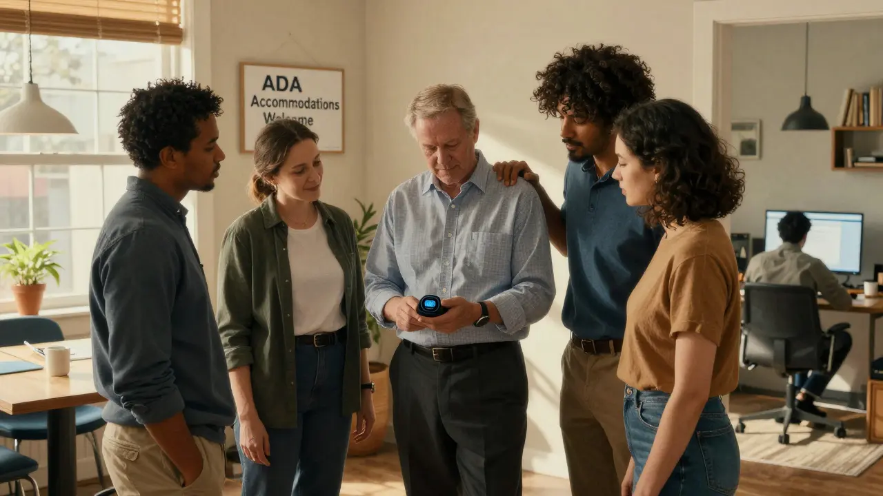 Coworkers supporting a colleague with a health device, symbolizing workplace inclusion.