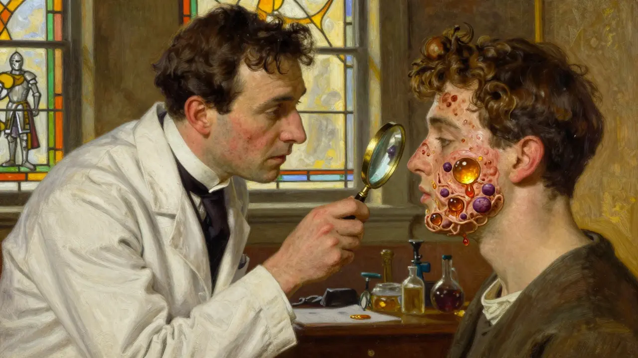 Dermatologist examining skin under magnifying glass, revealing microscopic acne causes.