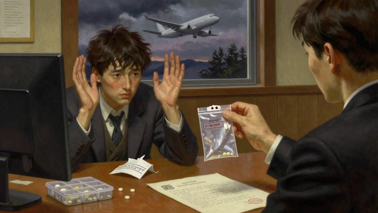 Detained traveler in Japanese customs office as officer holds confiscated pill, with unmarked organizer and translated letter on desk.