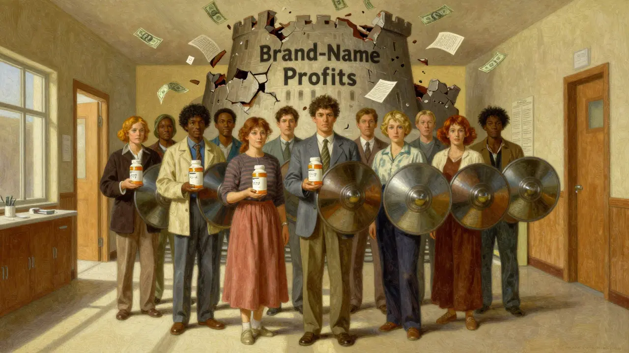 Diverse patients holding generic prescriptions as a fortress of brand-name profits collapses behind them.