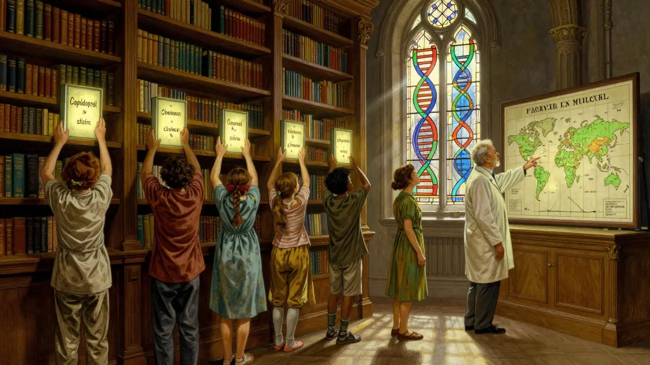 Diverse patients reach toward glowing books of drugs in a grand gene library, guided by a lab expert under a stained-glass DNA window.