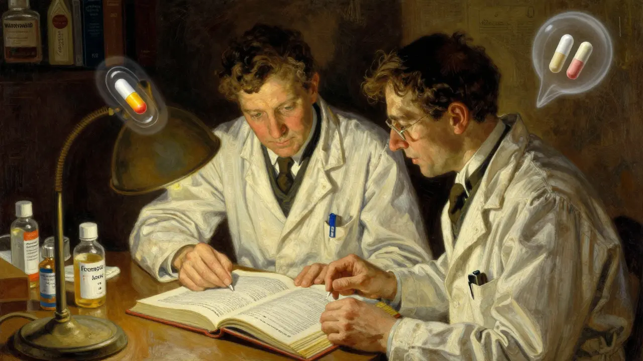 Doctor and pharmacist studying the FDA Orange Book with floating drug tablets glowing around them.