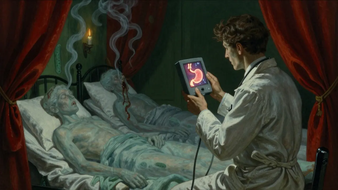 Doctor viewing a fractured stomach lining on an endoscope, with silent patient figures in the background.