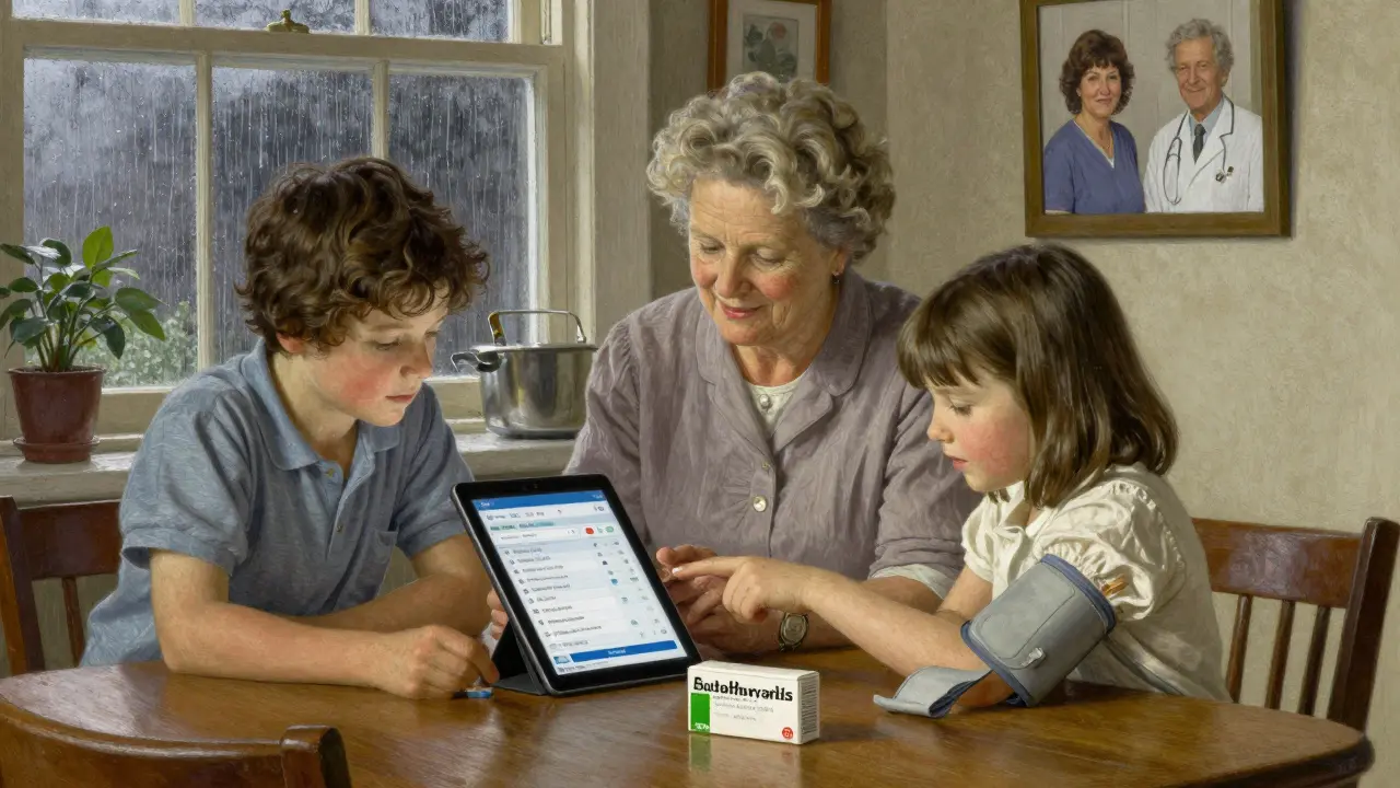 Grandmother and granddaughter reviewing a pharmacy app together at the kitchen table.