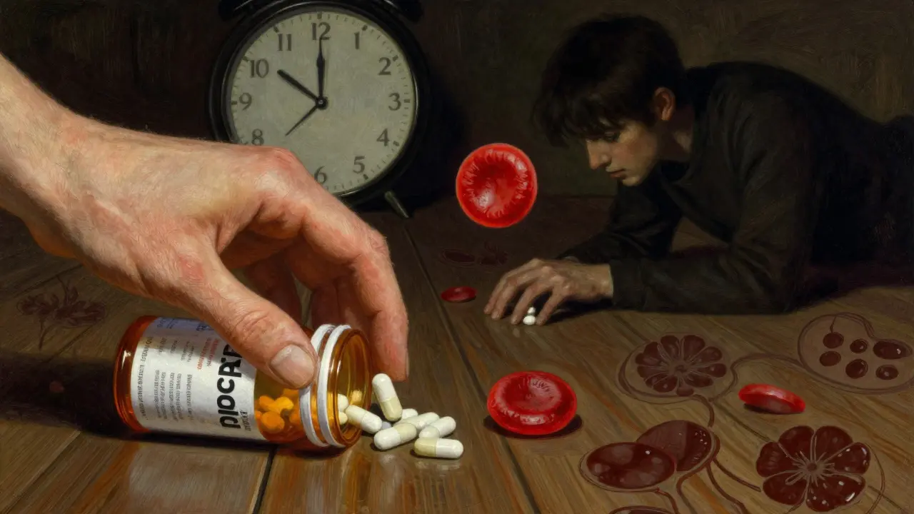 Hand placing protective pill beside NSAID bottle, with a red blood cell drifting upward and ulcers blooming below.