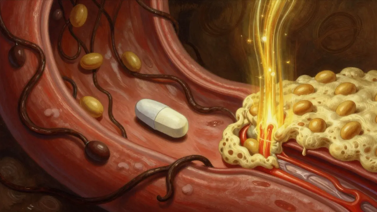 Internal view of thyroid medication absorbing while soy proteins block its path.