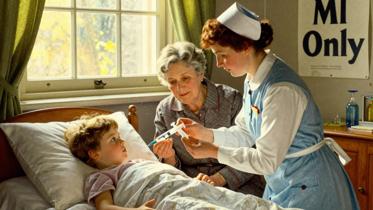 Nurse teaching a grandmother how to use a syringe correctly beside a child’s bed.