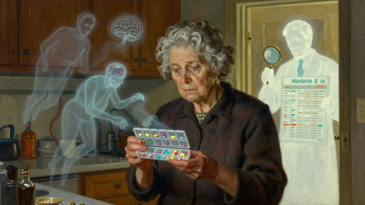 Older woman in kitchen with pill organizer as ghostly side effect images hover around her, pharmacist visible in doorway.