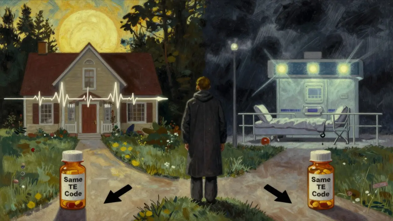 Patient at a crossroads with two pill paths leading to safety or emergency, painted in N.C. Wyeth style.