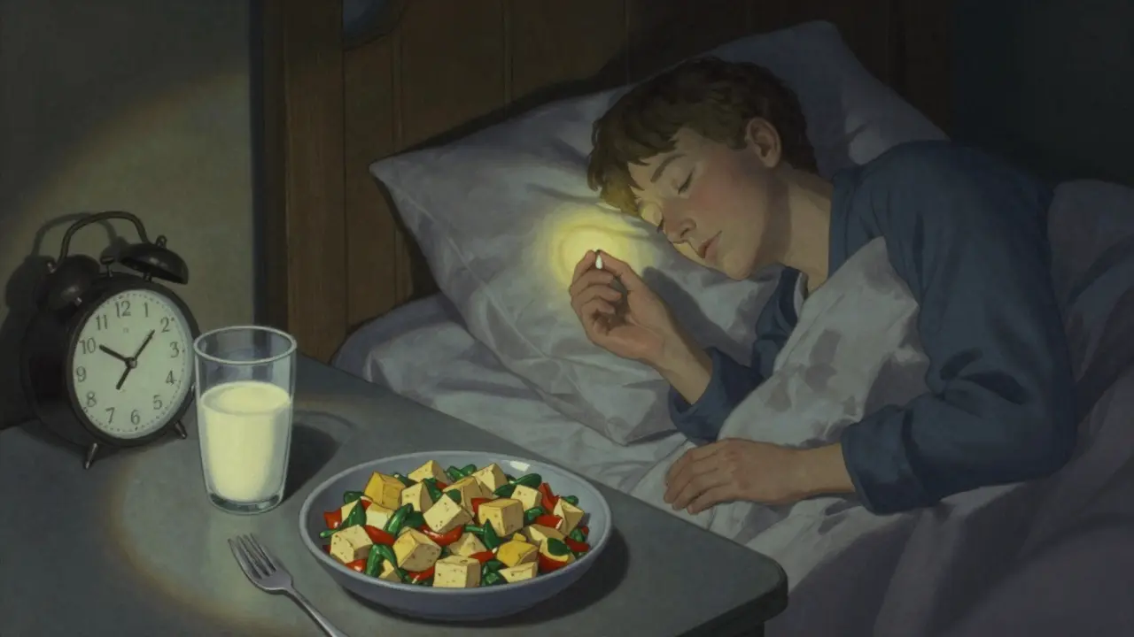 Person taking medication at bedtime with soy foods already cleared from the table.