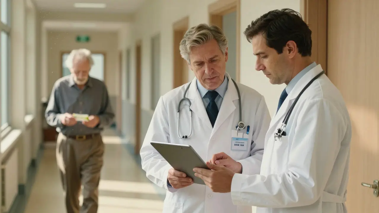 Pharmacist and doctor reviewing a patient's medication plan together in a sunlit clinic hallway.