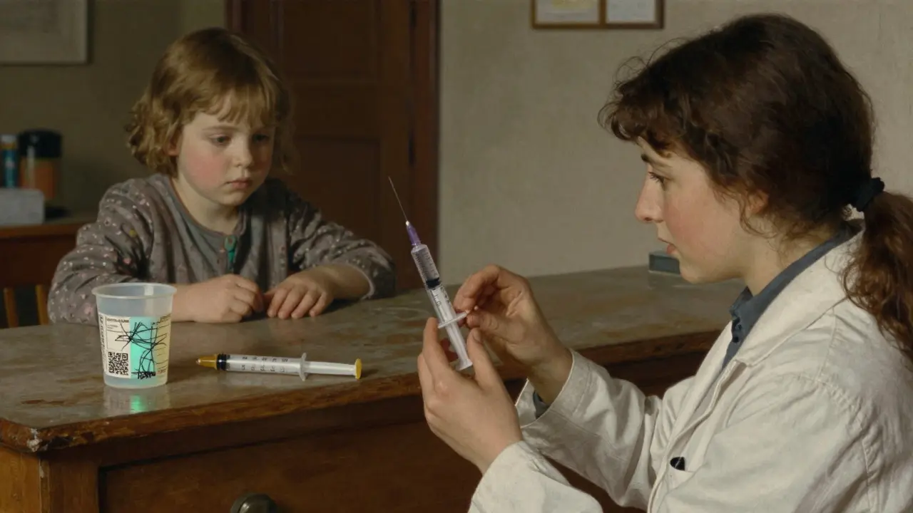 Pharmacist handing an oral syringe to a mother, while a confusing dosing cup is thrown aside.