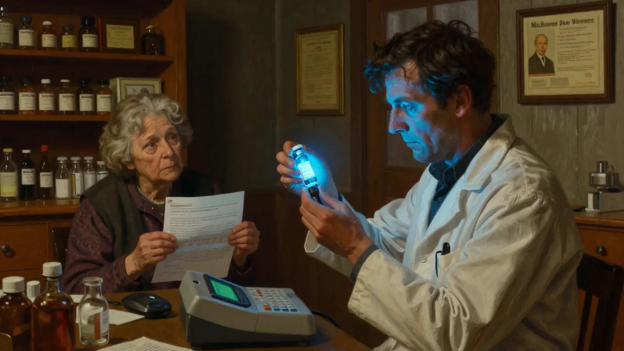 Pharmacist using a handheld device to test insulin as an elderly patient watches.