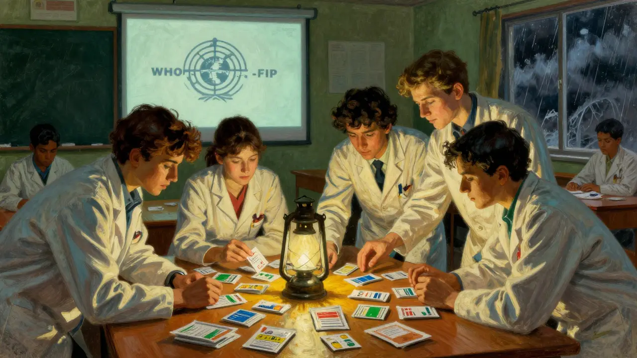 Pharmacy students comparing drug packages under lantern light, WHO-FIP logo visible.