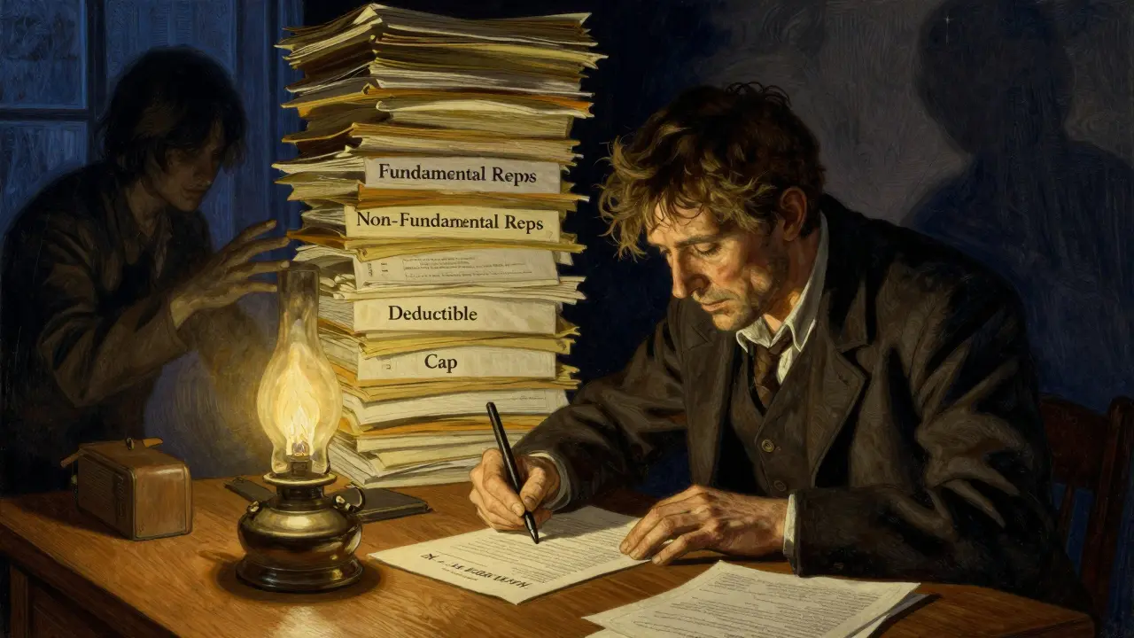 Seller signs a contract under lamplight, haunted by looming legal documents representing long-term liability.