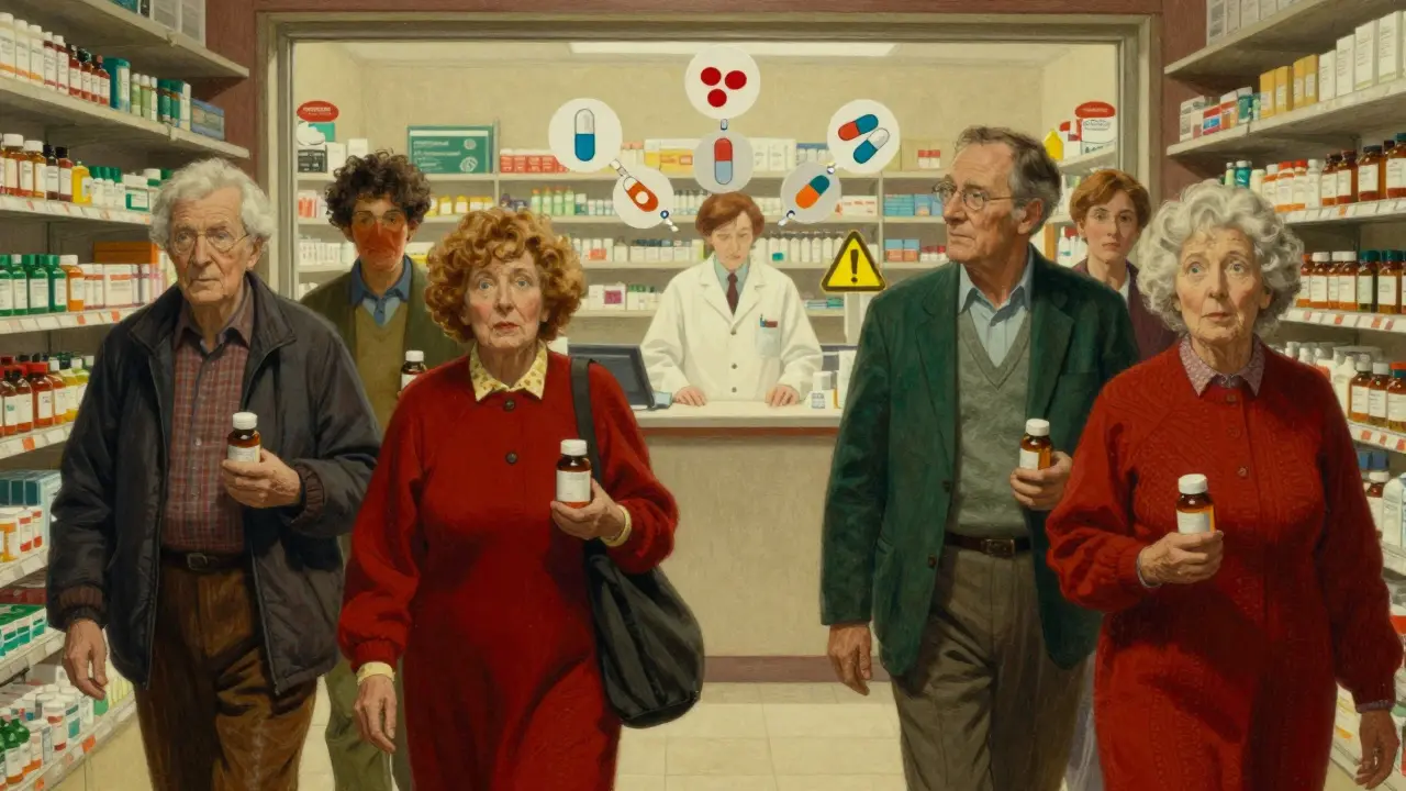Seniors entering pharmacy with medication bottles as pharmacist manages a web of floating drug icons and safety symbols.