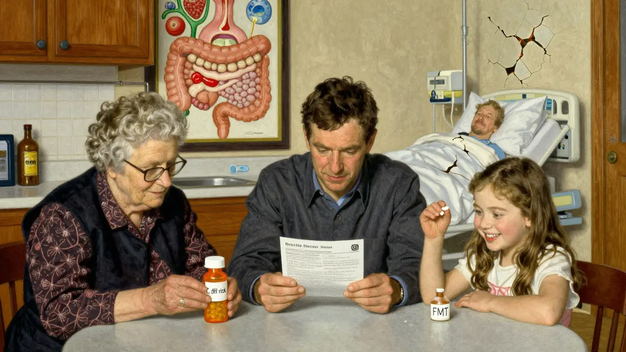 Three generations at a kitchen table, confronting antibiotic risks and the hope of fecal transplant therapy.