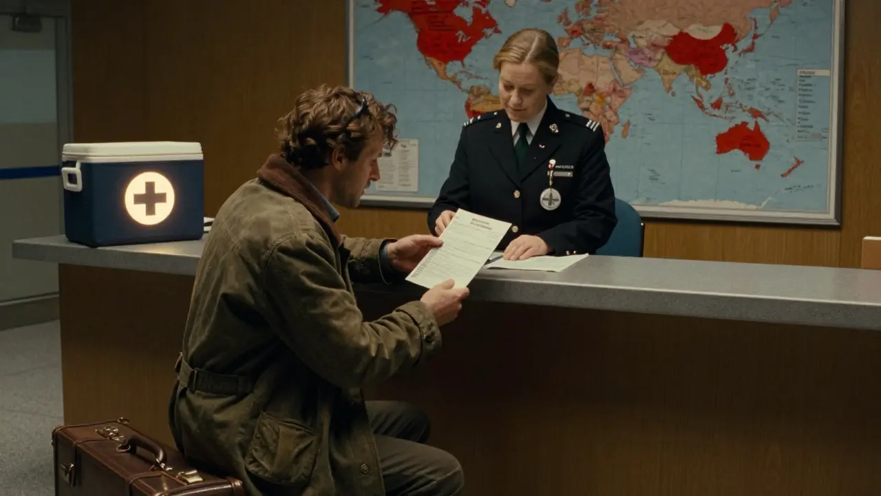 Traveler at medical assistance desk handing insulin pump documents to official, with world map showing restricted zones in background.