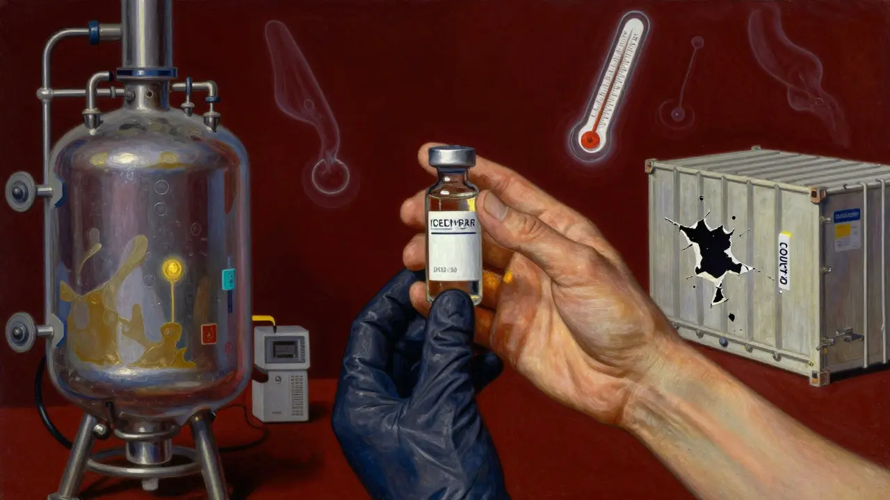 Two hands hold a fragile biosimilar vial as ghostly manufacturing elements surround it in dramatic, painterly tones.