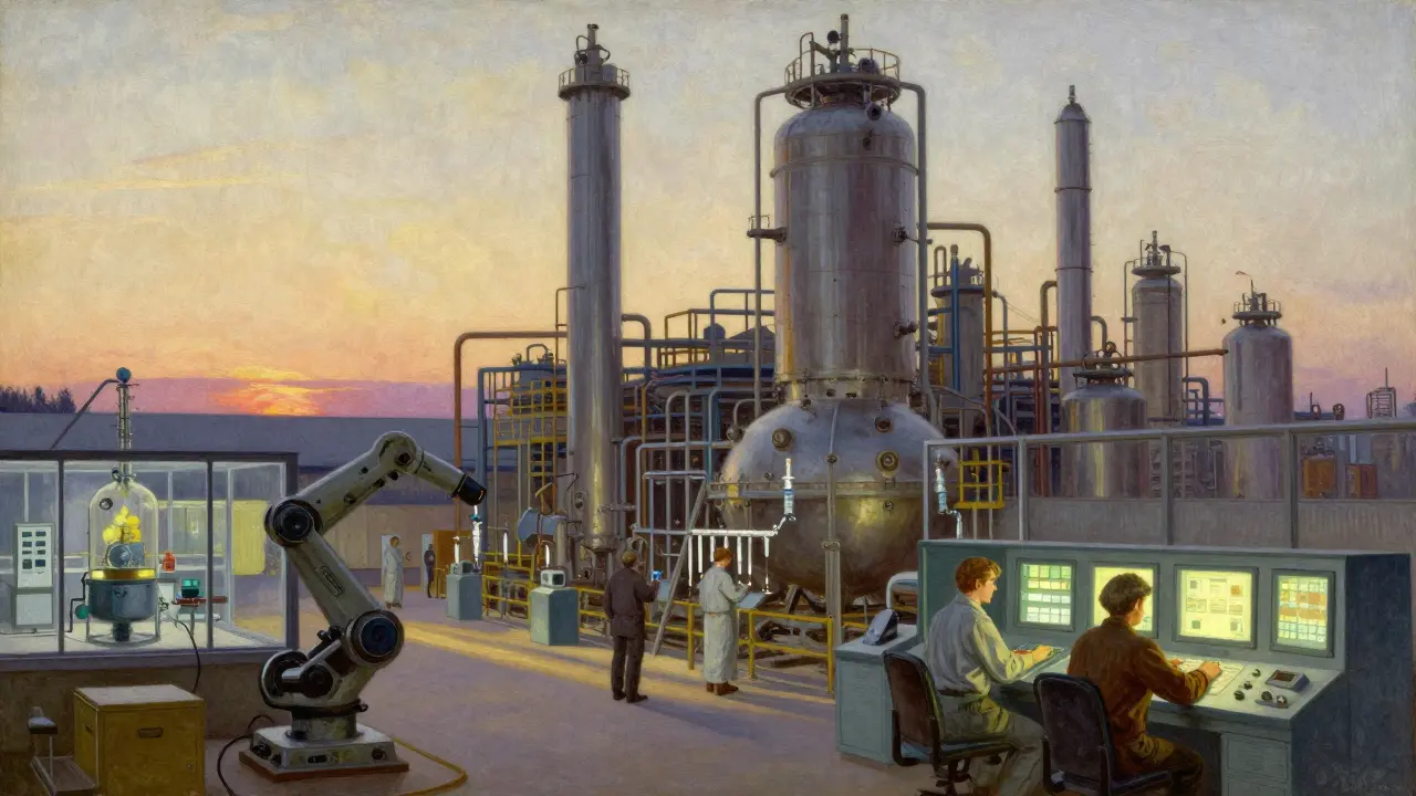 Vast biosimilar factory at dawn with towering bioreactors and robots, dwarfing a small startup lab in detailed illustration.
