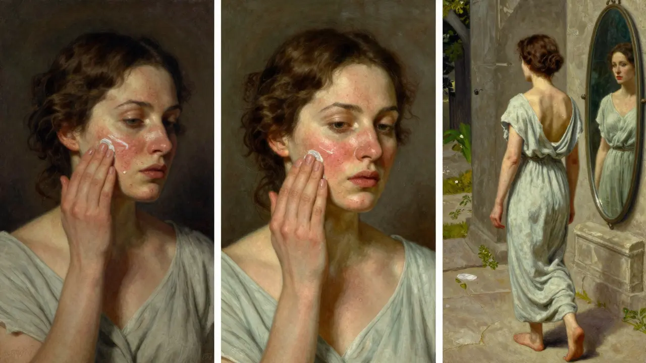 Woman's journey from acne treatment to clear skin, shown in three painted stages.