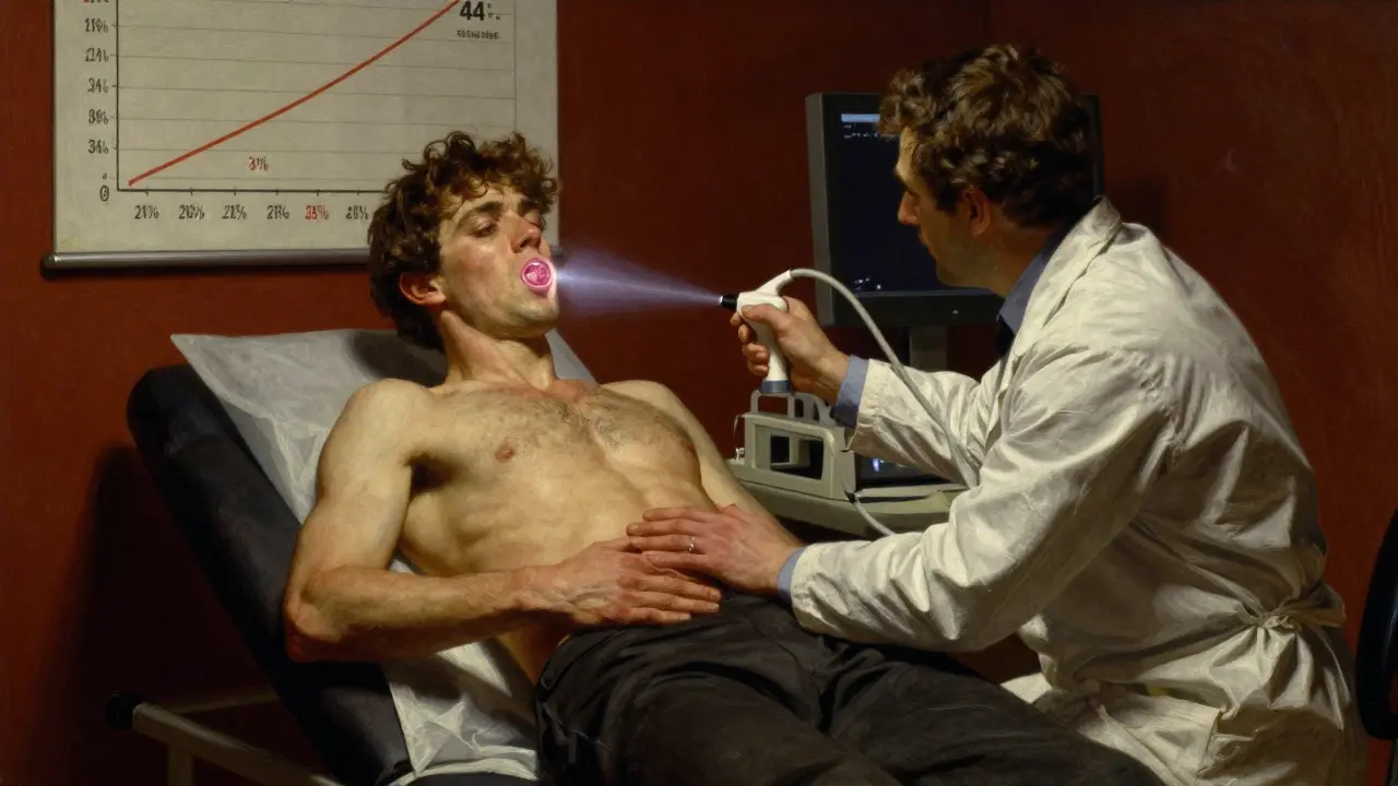 A doctor using an endoscopic ultrasound probe while a patient clutches their abdomen, with a chart showing rising survival rates in the background.
