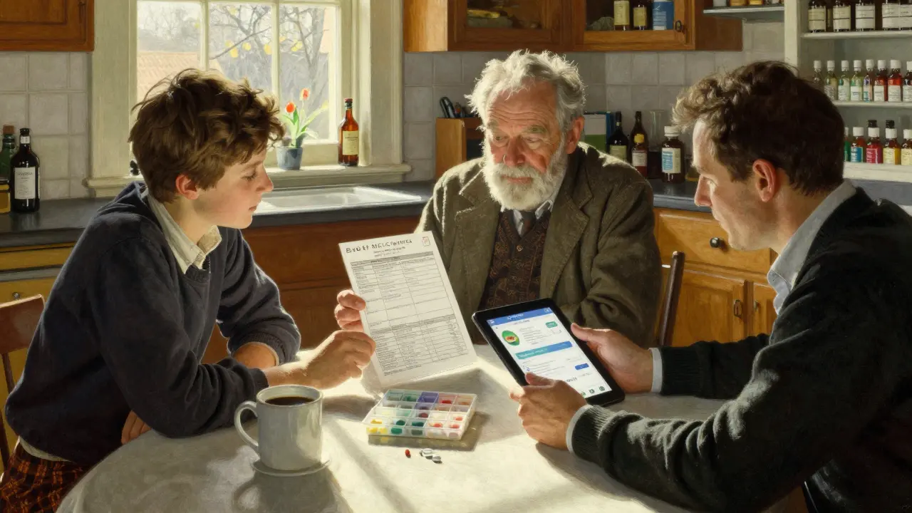 A family and pharmacist reviewing a printed medication list together at a kitchen table with digital and physical records visible.