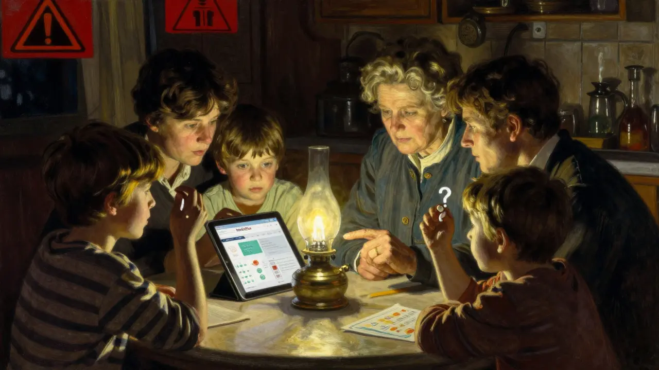 A family studies a drug guide at a kitchen table under a warm lamp.