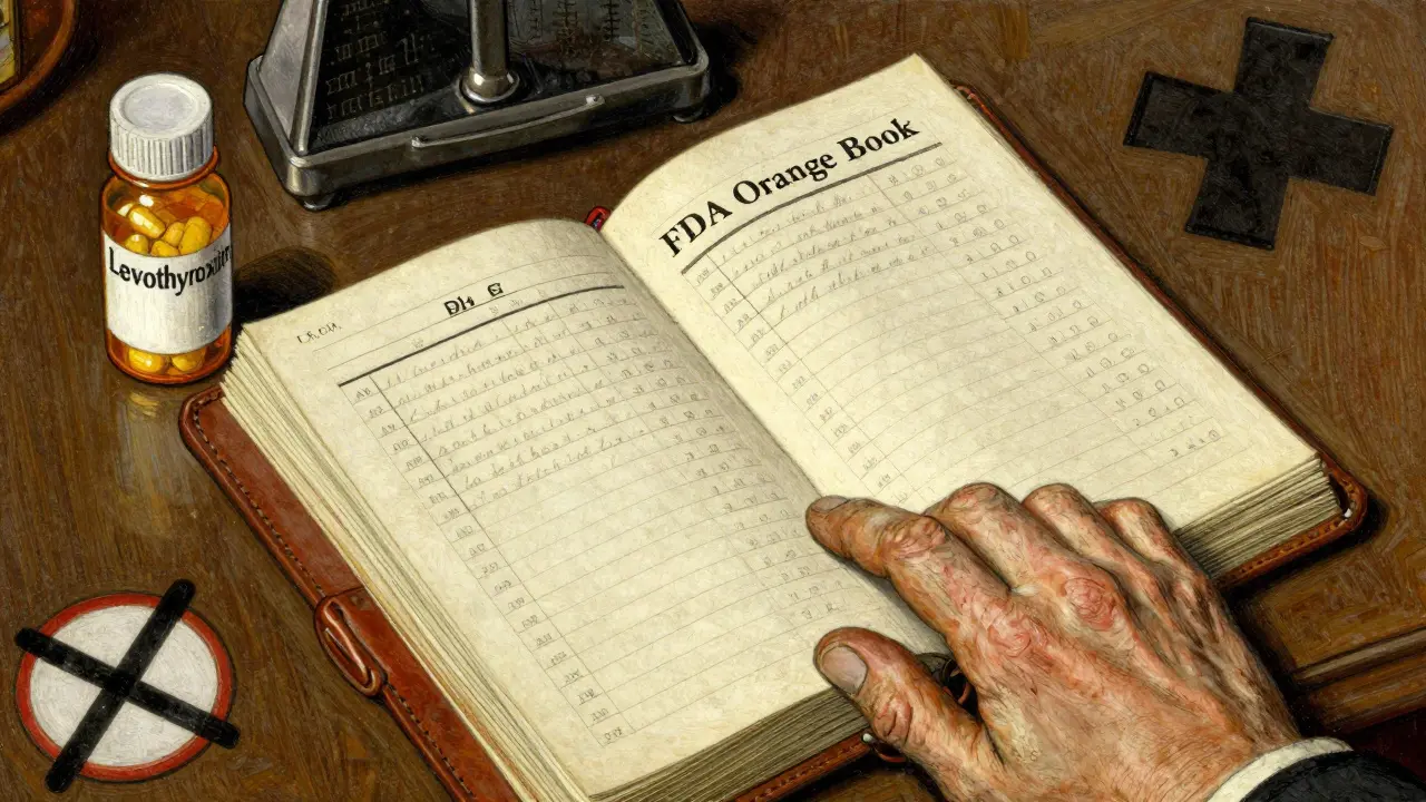 A hand opens the FDA Orange Book with coded ratings glowing on aged pages.
