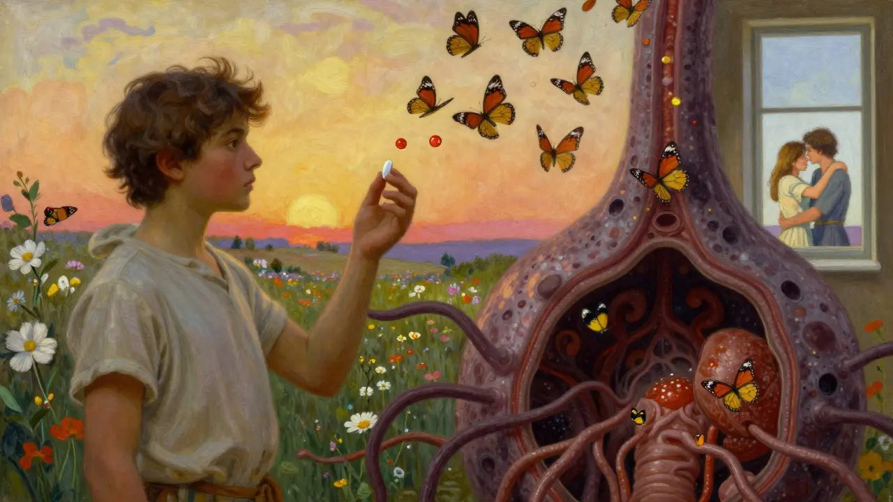 A pill transforms into butterflies that shrink a tumor, restoring health and vision in a hopeful, painterly scene.
