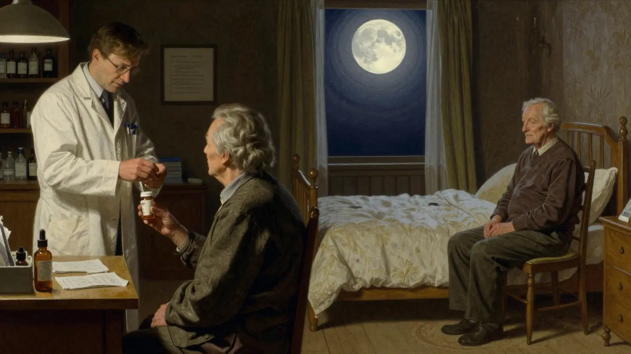 A split scene shows a patient receiving a pill on one side and practicing sleep hygiene in sunlight on the other.