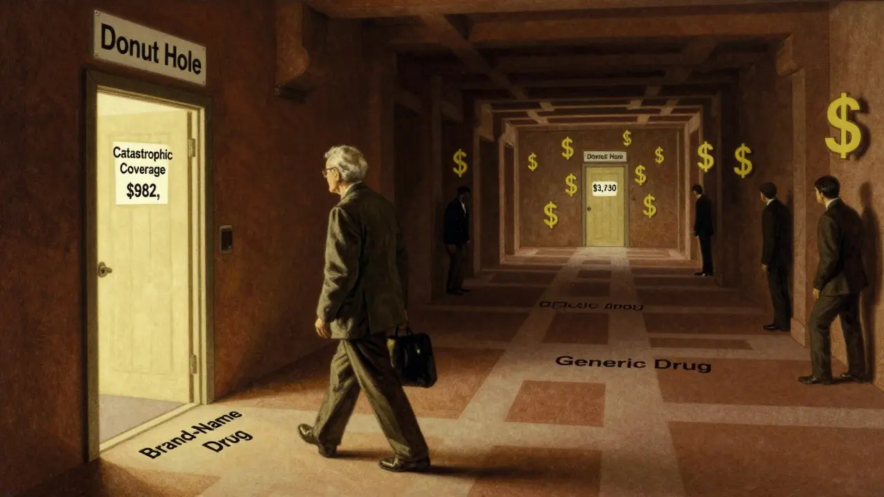 An elderly person walking through a maze labeled 'Donut Hole,' with two paths showing vastly different costs to reach coverage.