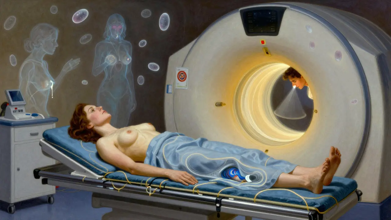 An MRI scan reveals a pituitary tumor flooding the body with prolactin, affecting vision and hormones in detailed illustration.