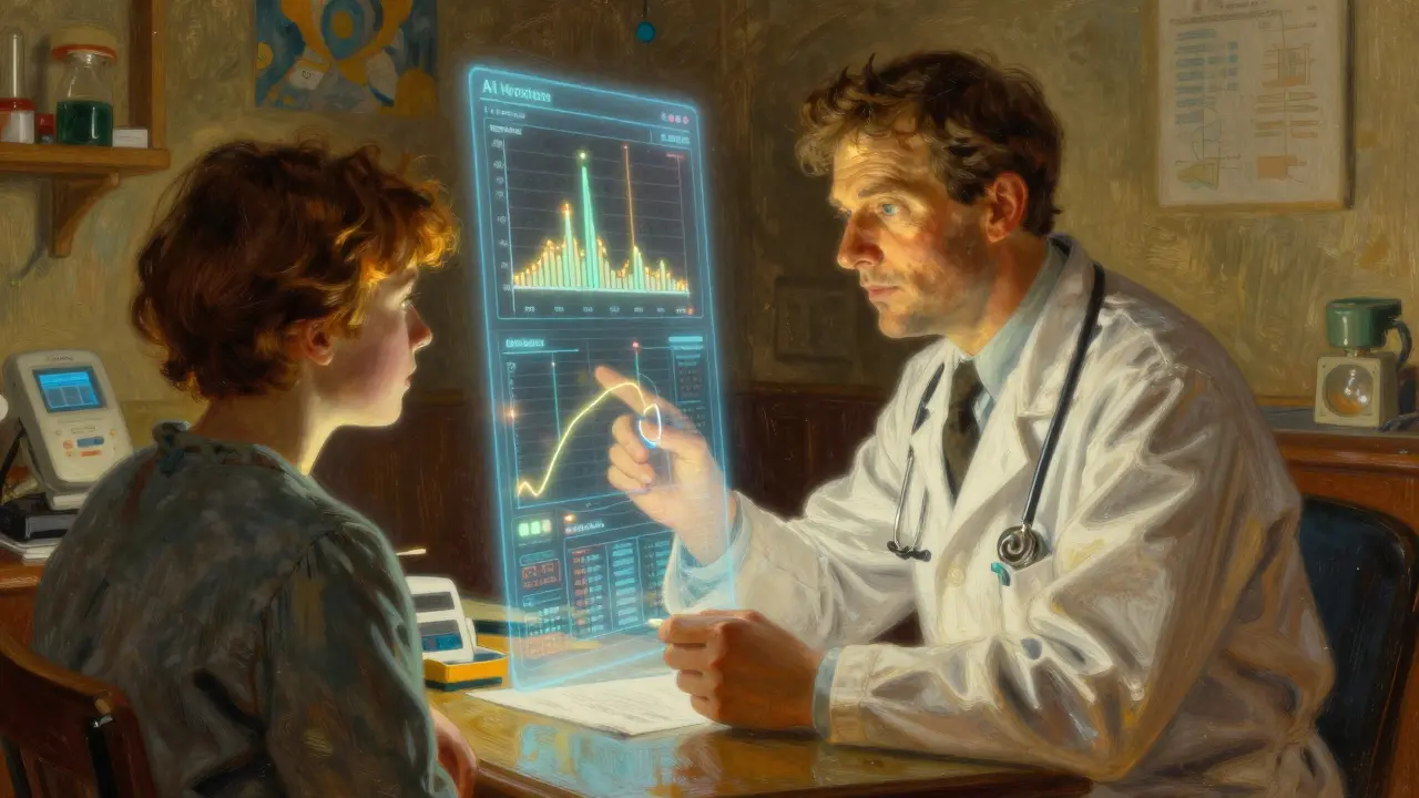 Doctor and patient observing AI-generated glucose trends.