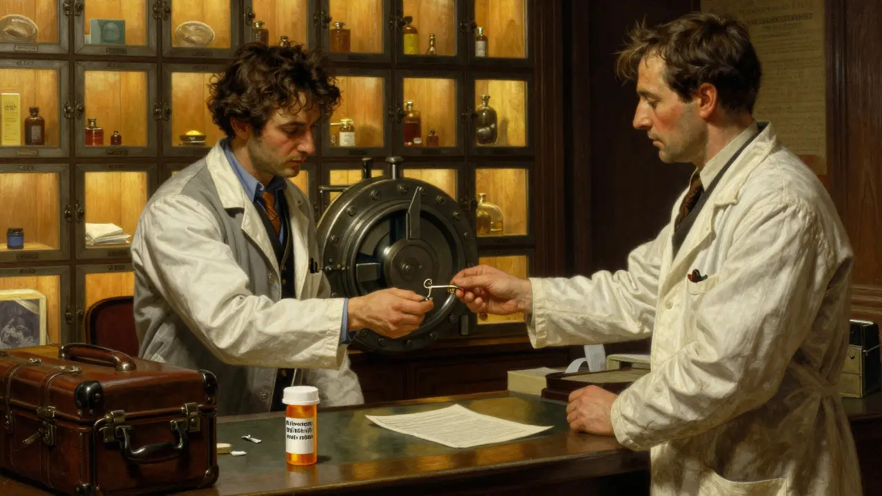 Hotel staff handing a secure vault key to a traveler, prescription bottle and doctor’s letter visible.