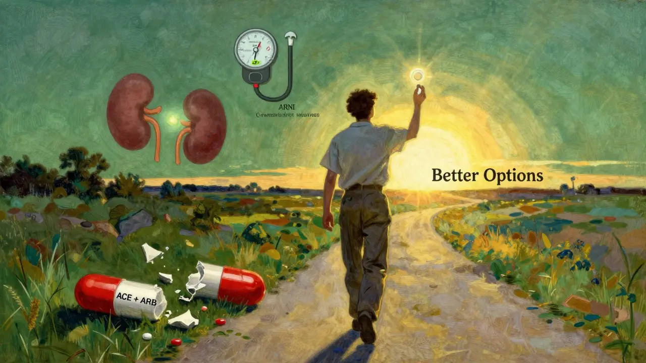 Patient walking toward healthy future with spironolactone pill, shattered ACE-ARB pills behind, ARNI beacon in distance