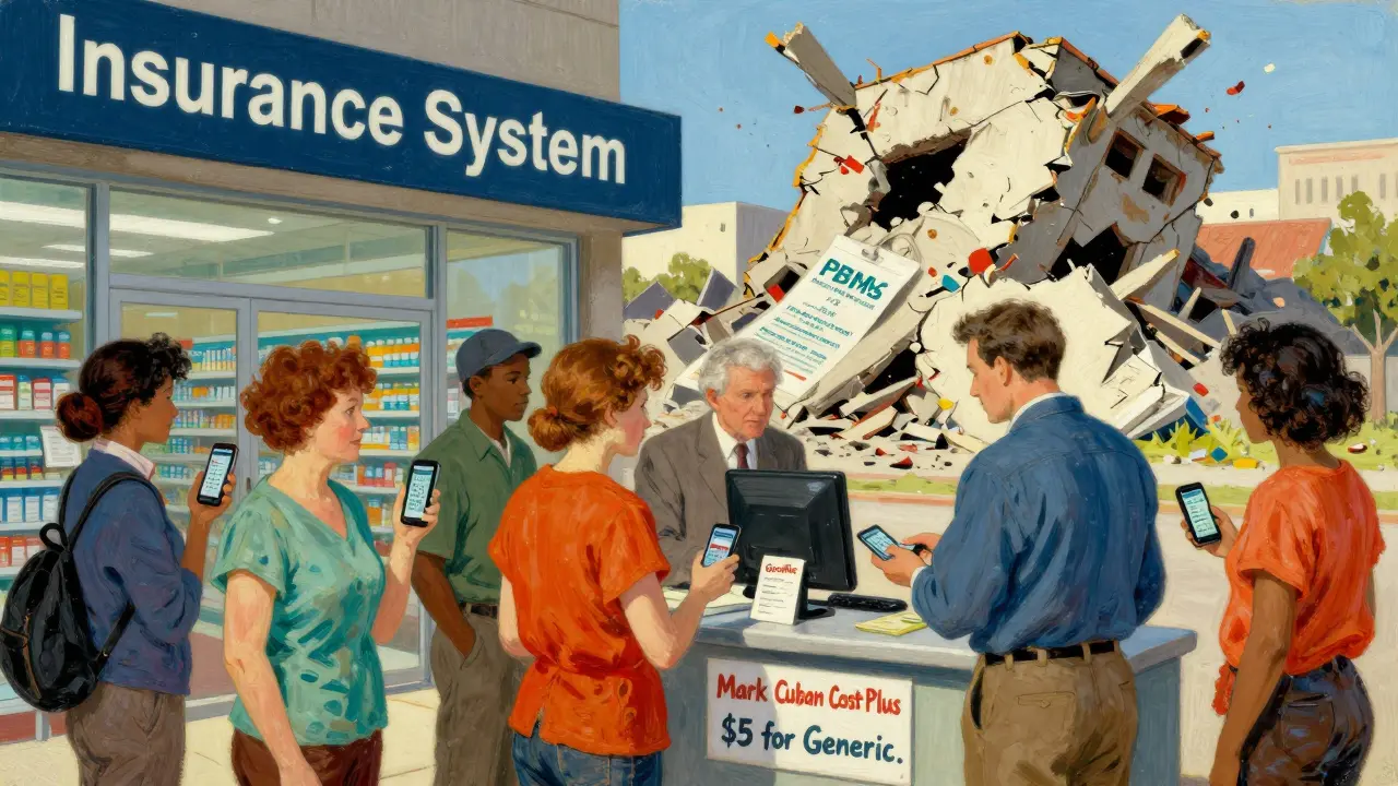 Patients paying cash for generics at a transparent pharmacy while a crumbling 'Insurance System' collapses behind them.