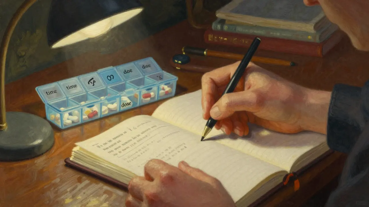 Person documenting medication warnings in journal with symbols