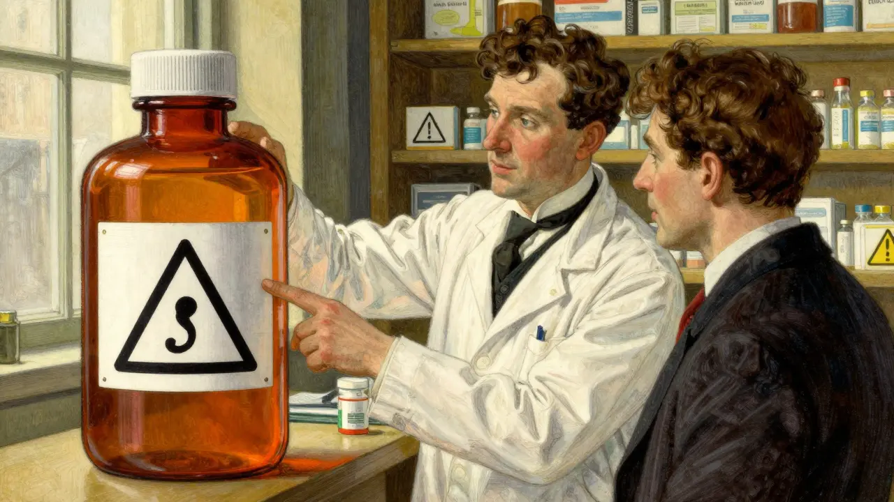 Pharmacist explaining warning stickers to patient in pharmacy