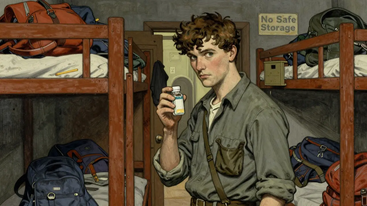 Traveler in a hostel dorm wearing a hidden pill pouch, glancing warily amid unsecured belongings.