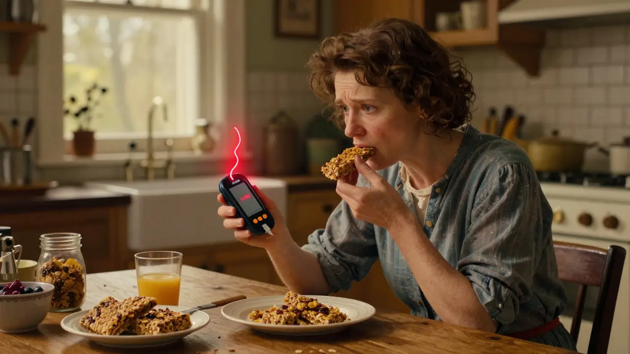 Woman eating granola bar with CGM device detecting spike.