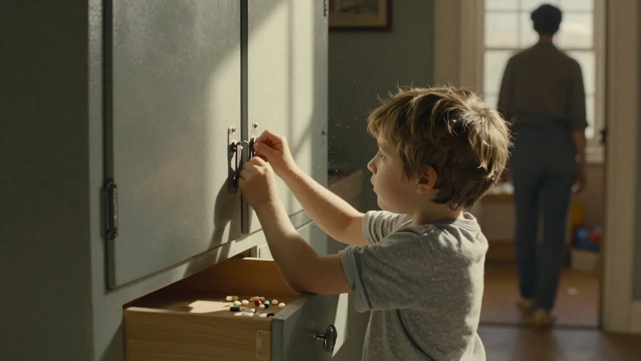 A child trying to open a locked medicine box on a high kitchen cabinet, pills scattered in an open drawer behind.