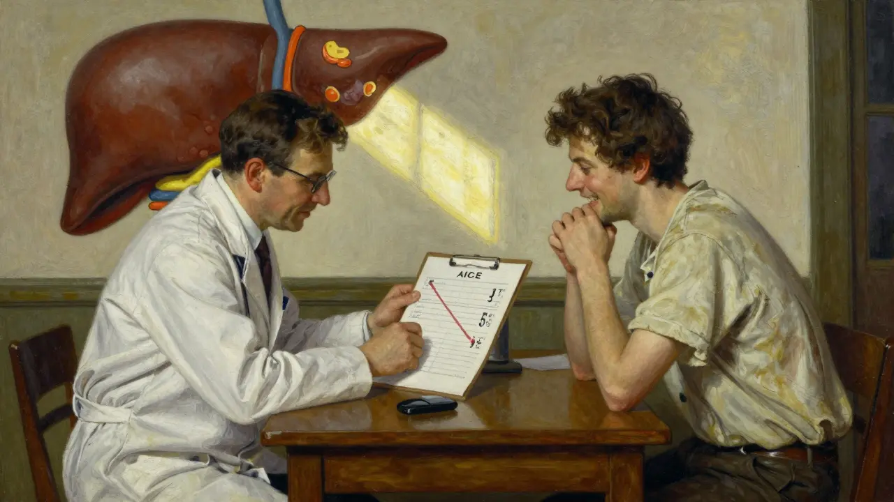 A doctor and patient review health progress, with a mural showing a healing pancreas on the wall.