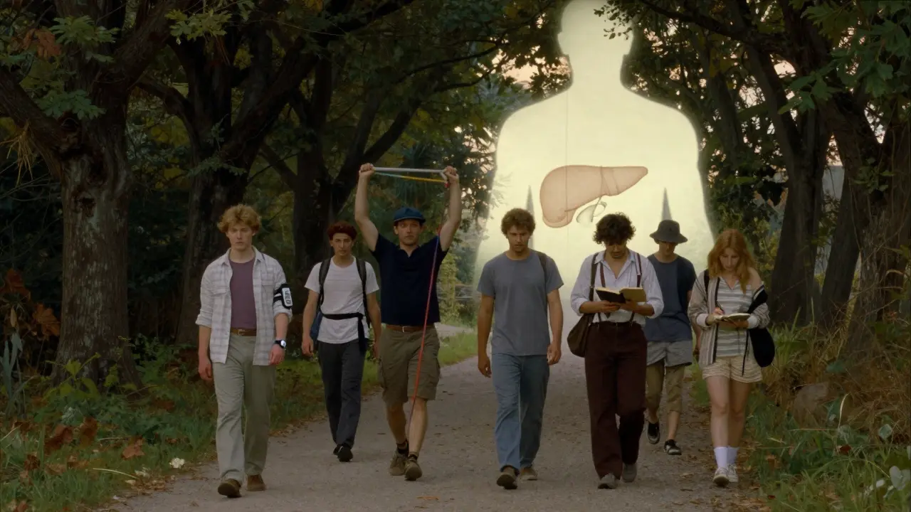 A group of people walking at dawn, using diabetes tools, as a healing pancreas glows behind them.