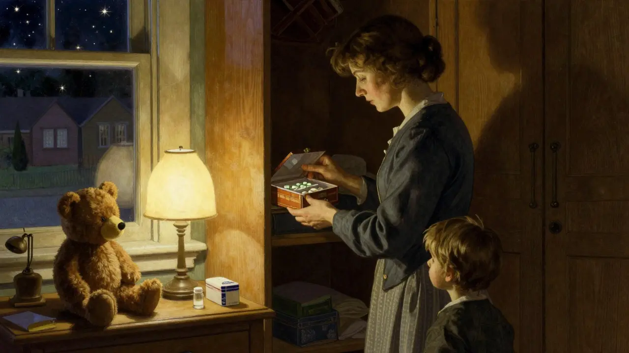A mother locking a medicine box in a closet at night, bedside lamp casting warm light as a child’s toy watches.