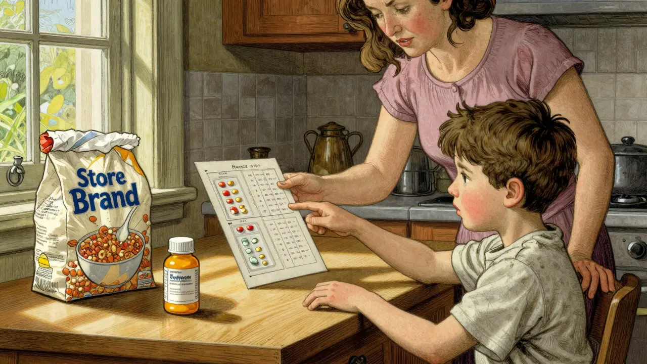 A mother shows her child a generic pill bottle beside a store-brand cereal box, teaching that same results can come in simpler forms.