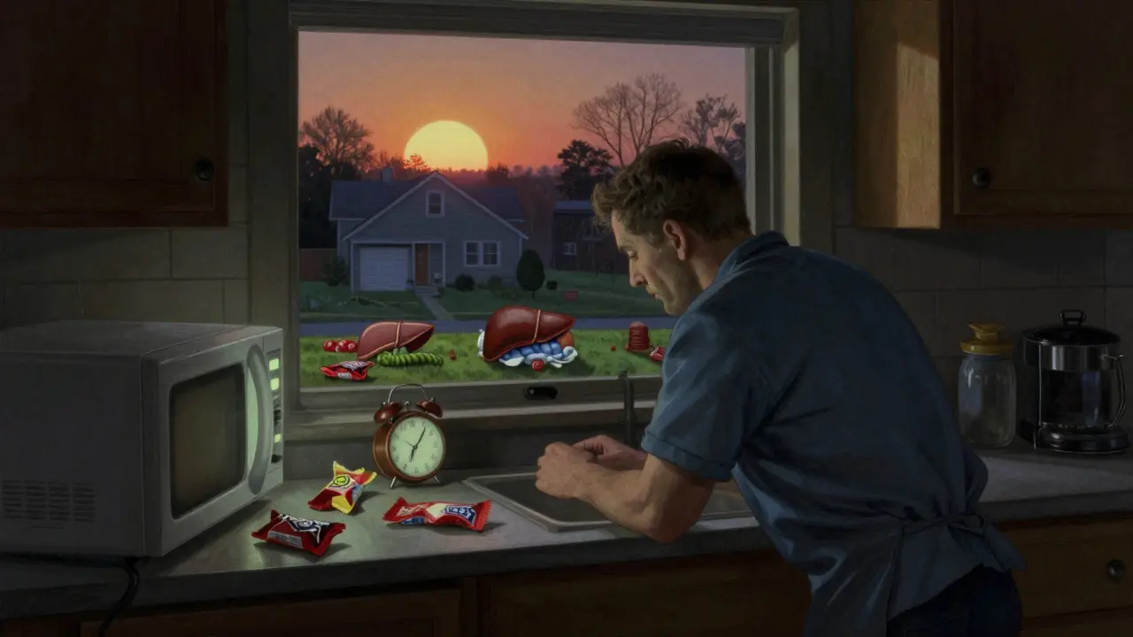 A night-shift worker eating snacks at 3 a.m. while sunlight rises outside, with internal organs depicted as miniature landscapes in a painterly style.