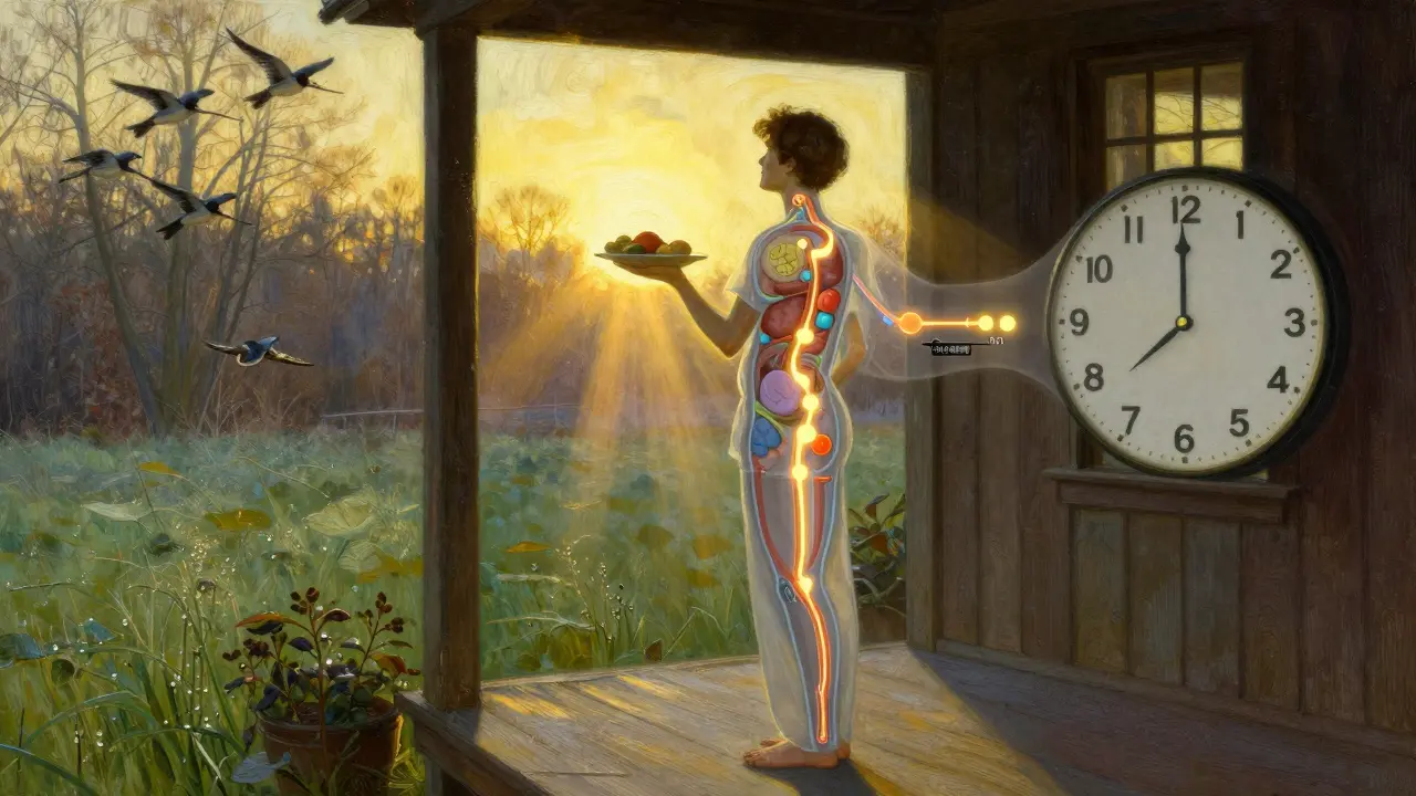 A person at dawn receiving morning sunlight, with transparent overlays showing their body's metabolism resetting in harmony with the rising sun.