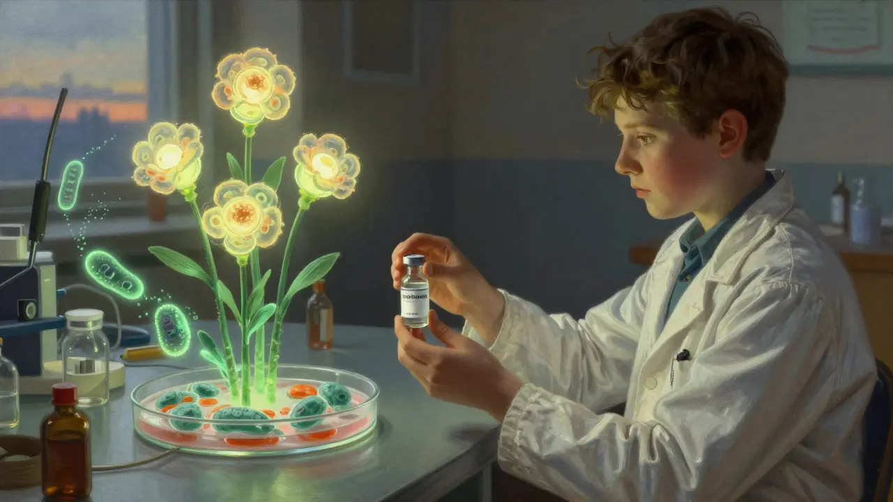 A scientist gives a vial to a teen as glowing islet cells bloom behind them, symbolizing hope for future diabetes treatments.